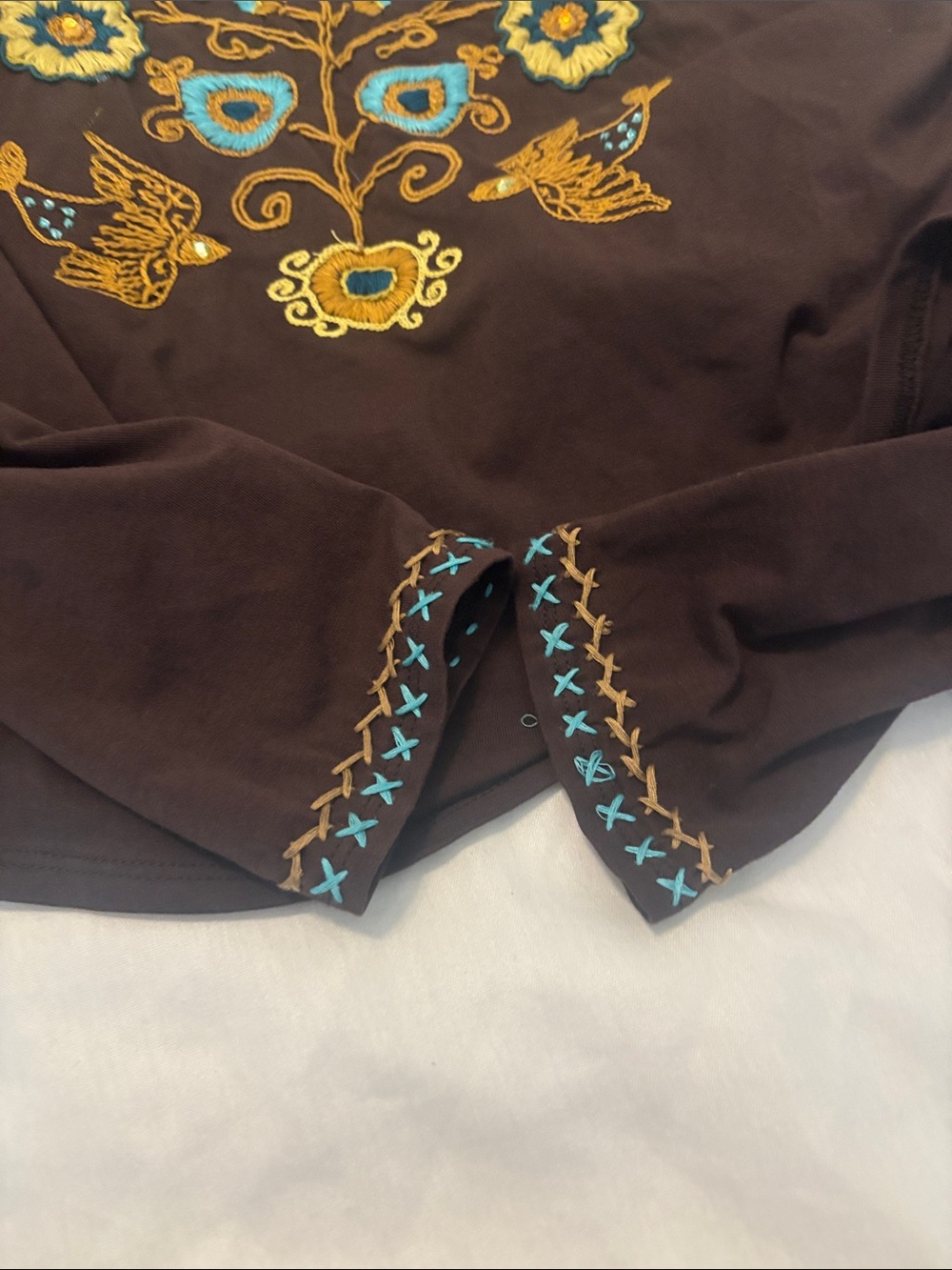 Double D Ranch Brown Cardigan SZ S/M w/Yellow-Gold and Turquoise Embroidery - Picture 9 of 10